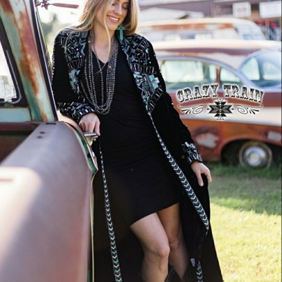 Crazy Train Other - Black Maxi Velveteen Duster w/Turquoise Detail